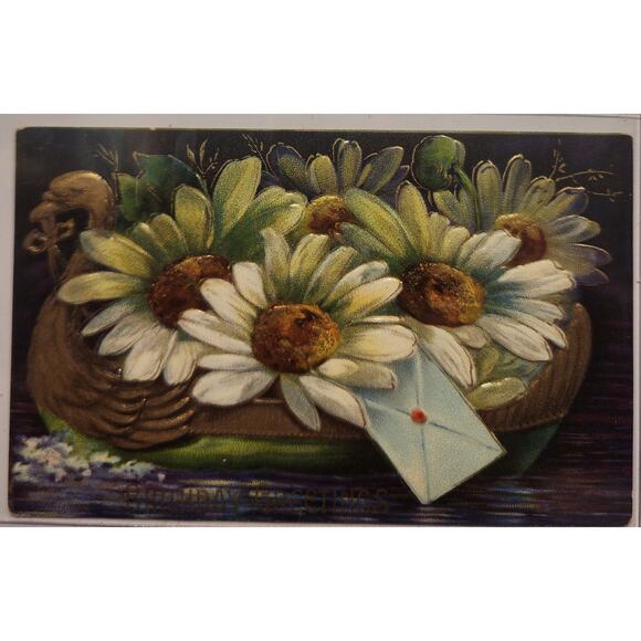Lot Of Four Vintage Antique Embossed Postcards Flowers Birthday Boats - Picture 5 of 9